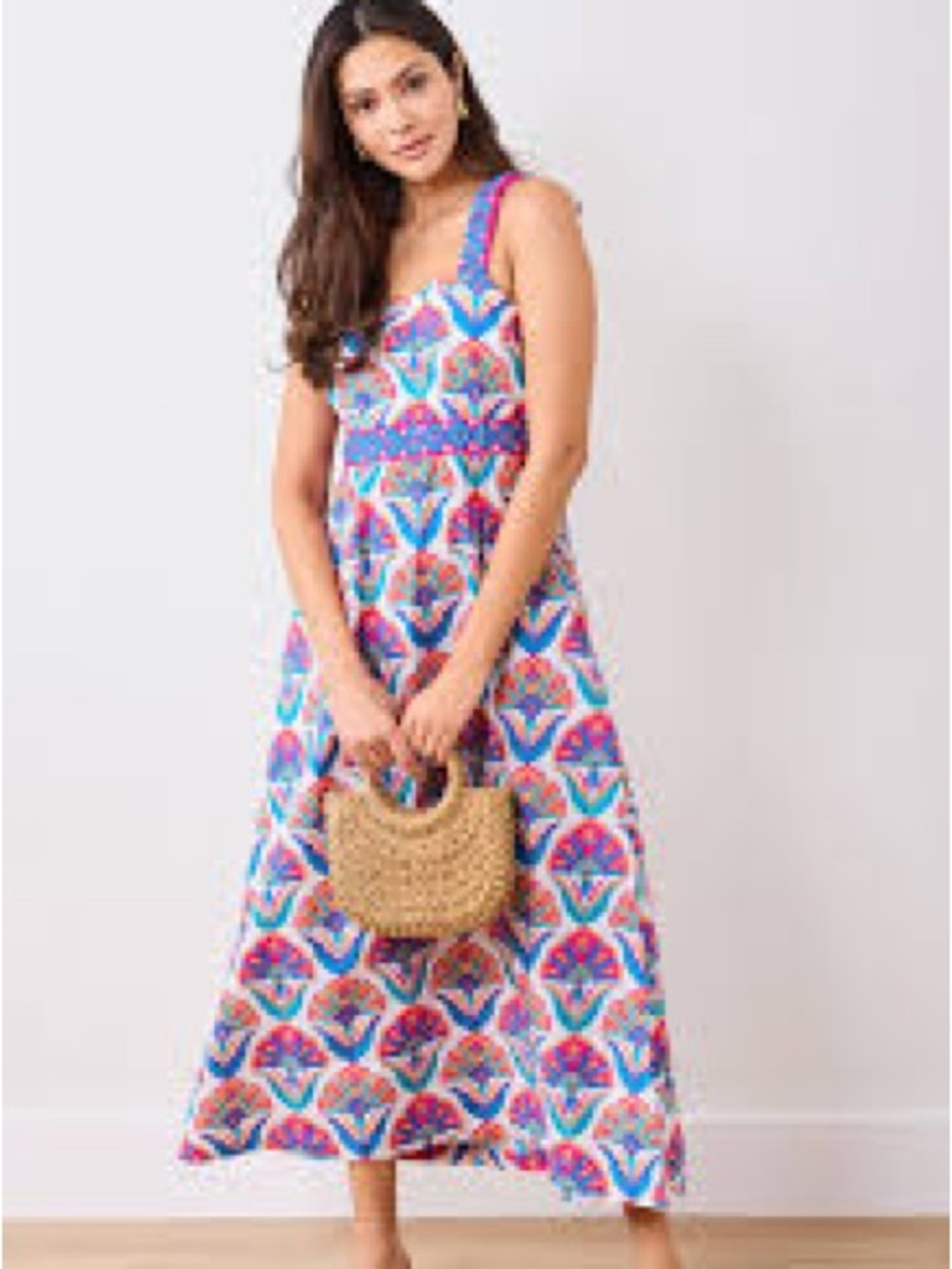 Printfresh Geo Floral Dress Women Medium Glass Fuchsia NWT Smocked Maxi Cotton